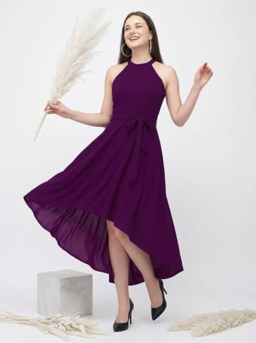 Image of Women Fit & Flare High Low Midi Dress | Sleeveless Round Neck One Piece Dress with Waist Tie Detail | Flowy Western Dress for Party and Casual Styling
