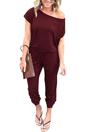 Image of PRETTYGARDEN Jumpsuits for Women Summer Off Shoulder Romper | Short Sleeve Drawstring Waist, Jogger Jumpers with Pockets, One Piece Spring Break Outfits, Vacation Travel Lounge Clothes