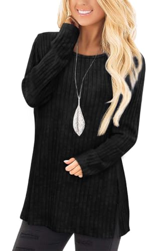 Image of Jescakoo Long Sleeve Shirts for Women Crew Neck Fall Tops Side Split Lightweight Tunic Sweaters Fashion Clothes 2026 S-4XL