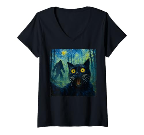 Womens Funny Cat Selfie Bigfoot The Starry Night Cats Lover Cute V-Neck T-Shirt