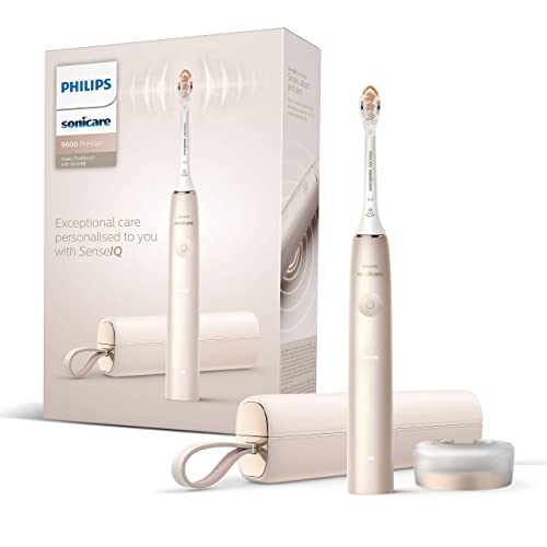 Philips Sonicare DiamondClean Prestige 9900 Elektrische Schallzahnbürste mit 1x A3 Premium All-in-One Bürstenkopf und Ladeetui in Champagner (Modell HX9992/11)