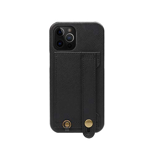 iPhone12 Pro Max ケース Handy ハードケース PUレザー 落下防止 耐衝撃 スタンド機能 ハンディベルト ハンドメイド ストラップホール ストラップリング カードポケット ブラック 黒 H6-12ProMax-Black