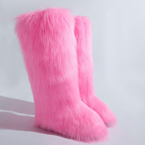 Image of Valpeak Womens Faux Fur Boot Winter Fluffy Long Furry Boots for Girls Outdoor Fuzzy Knee-High Boots(Pink,13)