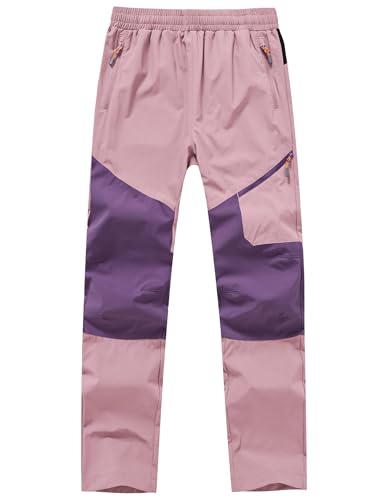 Buyboxs Kids Hiking Pants Boys Girls Cargo Quick Dry Pants Lightweight Water Resistant with Zipper Pockets for Outdoor Rain Pants Elastic Waist-Pink+Dark Purple-XL