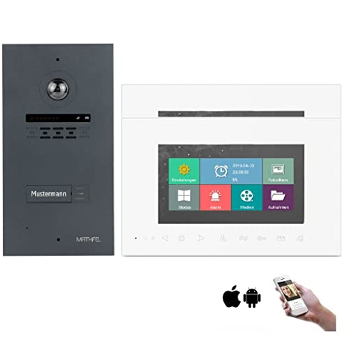 MATHFEL 2 Draht Bus WLAN Video Türsprechanlage Gegensprechanlage Fischaugenkamera 170 Grad Anthrazit Außenstation, Farbe: 2x7'' Monitor in weiß Cover