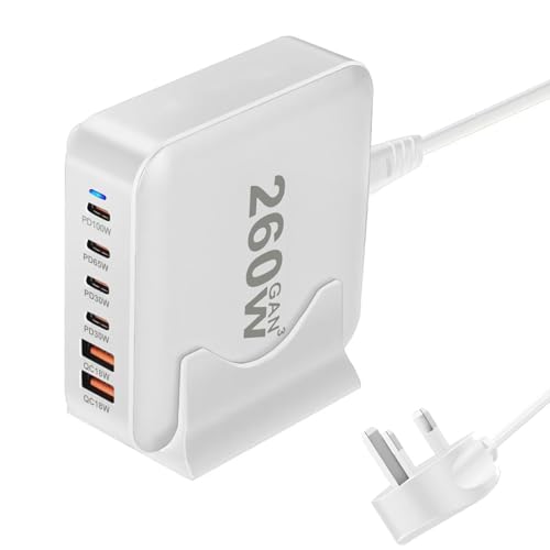 260W USB C Charger Block GaN III USB Desktop Charging Station 6 Ports QC4.0 Fast Charging Station Hub+PD 100W Type C Laptop Charger Adapter Compatible with MacBook Pro Laptop Tablet and Phone