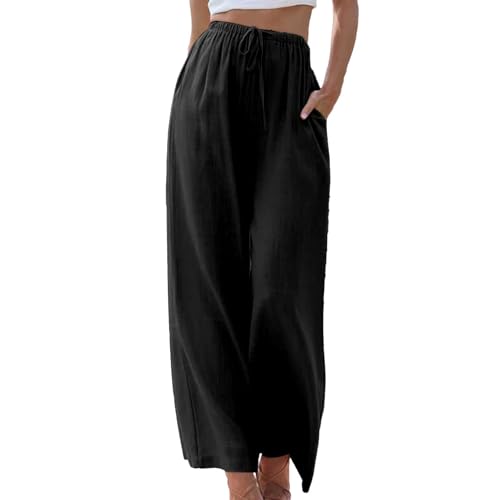 Womens Cotton Linen Palazzo Pants Drawstring Elastic Waist Casual Wide Leg Trousers with Pockets2