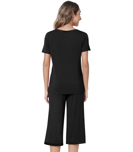 Image of NACHILA Pajamas for Women-Viscose Made from Bamboo,Satin Crew Neck Pajama Sets Short Sleeve Pjs with Capri Pants