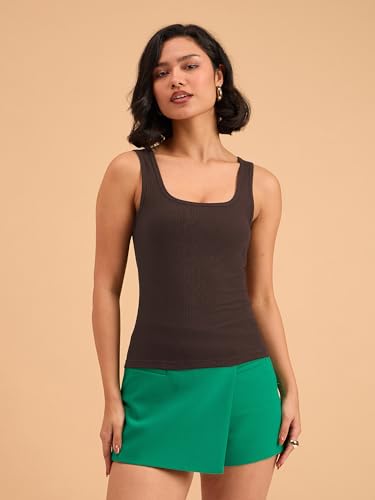 Image of barcino Brown Ribbed Square Neck Tank Top