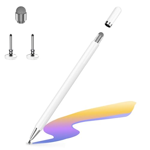 タッチペン 2in1 全機種対応 スタイラスペン 充電不要 高感度 静電容量式タッチスリーン対応 円盤型ペン先 磁気キャップ 高感度交換用ペン先付き (2ディスク＋1導電繊維付属) （ホワイト）