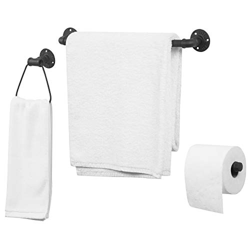 Mygift 3-Piece Matte Black Metal Pipe Bathroom Hardware Set With Toilet Paper Holder, Hand Towel Ring And Bath Towel Bar #TOP5
