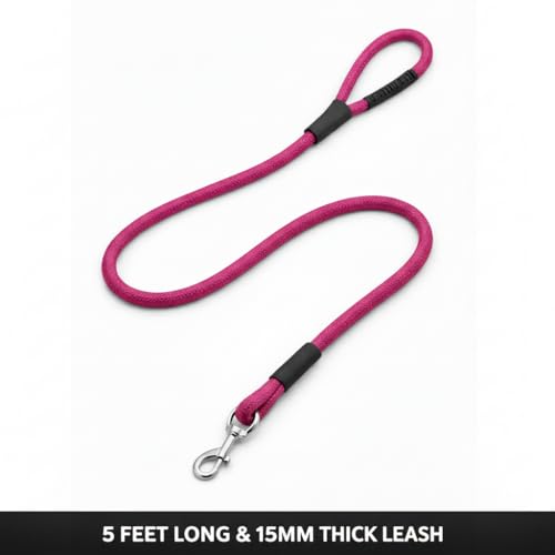 Image of Dog Leash for Large Dogs & Medium Dogs 5 Feet - Heavy Duty Nylon Rope 15mm Thick Leash with Anti Slip Rubber Handle - Tangle Free & Swivel Metal Clip (Pink)