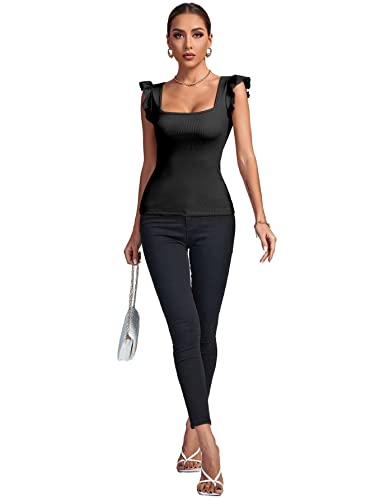 Lyaner Women's Square Neck Ruffle Cap Sleeve Tank Top Ribbed Knit Sleeveless T Shirt Black Large #TOP5