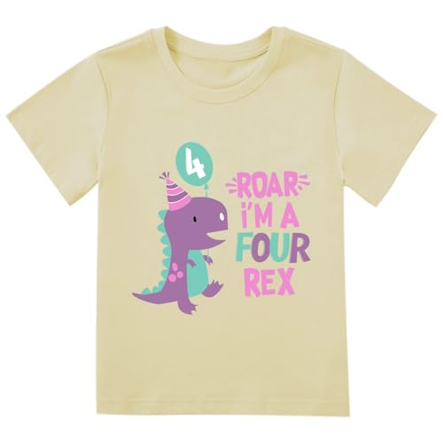 Image of 4th Birthday Girl Shirt Dinosaur Themed Toddler Birthday Party Outfit Clothes Toddler B-Day Fourth Shirt 4T