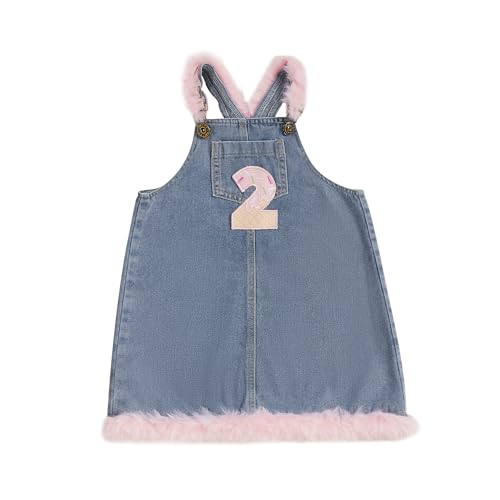 Toddler Baby Girl First/Second Birthday Clothes One/Two Year Old Birthday Dress Denim Fluffy Bib Overall Dresses Outfit