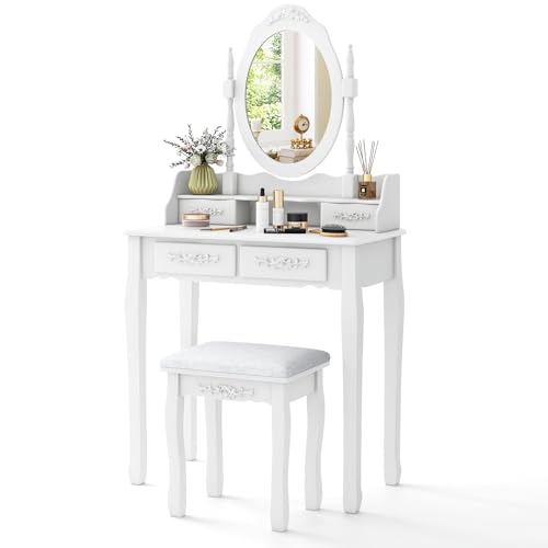 Toeletta Trucco SONGMICS Con Specchio - Tavolo Con 4 Cassetti E Sgabello, Stile Vittoriano, Bianco - Foto 5