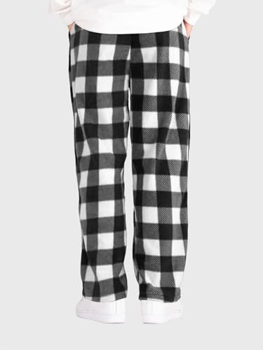 ZAFUL Men's Plaid Print Casual Pants Loose Fit Straight Plush Pajama Pants Fleece Sweatpants Drawstring Waist Lounge Joggers2