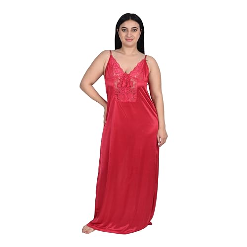 Image of Women Satin Solid Nightwear Maxi Set Nighty with Net Sleep Robe for Women, Dark Pink