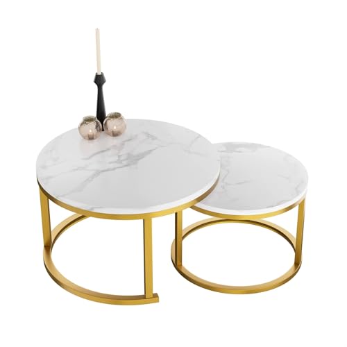 HeyHeaven® Couchtisch rund Marmor 2er Set – Runder Couch Tisch in Weiss...