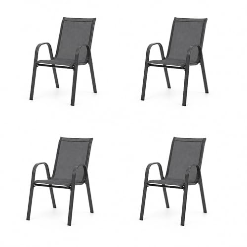 TERRE JARDIN Lot de 4 Chaises de Jardin Textilène Gris - Fauteuils Extérieur Empilables avec Accoudoirs - Chaise de Jardin Résistante UV et Intempéries...