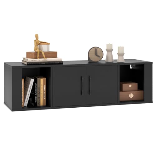 GIANTEX Armario de Pared, Mueble TV Suspendido con 2 Puertas, 2 Cubos Abiertos, Carga hasta 60 kg, Estantería Colgante para Baño, Dormitorio, Salón, Cocina, 108 x 33 x 30,5 cm (Negro)