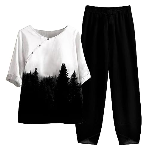 Conjunto de verano para mujer, de lino y algodón y lino, ligero, tallas grandes, top y pantalones, a juego, elegante, holgado, conjunto de verano, primavera, manga corta, juego de dos piezas, cómodo