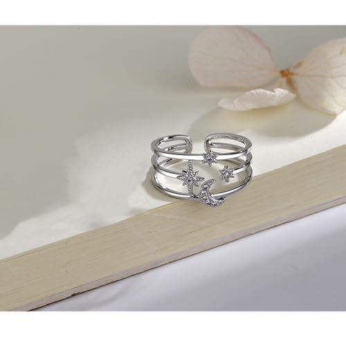 Moon Star Sun Statement Silver Plated Ring for Women CZ Engagement Layered Open Band Rings Adjustable Expandable Comfort Fit Wedding Promise Birthday Party Jewelry (Triple Lines)3