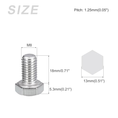 Image of METALLIXITY Hex Bolts (M8-1.25x18mm) 10Pcs, 304 Stainless Steel Coarse Fully Threaded Hex Head Screw Bolt Machine Screws - for Furniture Repair, Silver