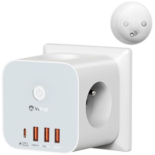VEFVE Cube Multiprise Murale avec USB C 20W, Bloc 7-en-1 avec 3 Prises Secteur, 4 Ports USB (1 USB-C + 3 USB-A), Chargeur Rapide, Interrupteur, 3680W – pour...