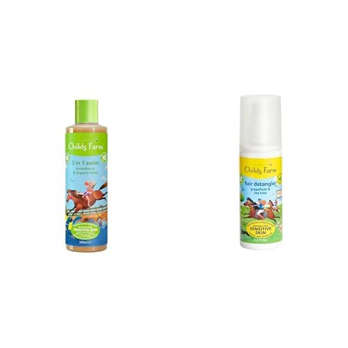 Childs Farm, Kids 3 in 1 Swim, Strawberry and Organic Mint, Body Wash, Shampoo and Conditioner and Kids Hair Detangler, Grapefruit & Organic Tea Tree,