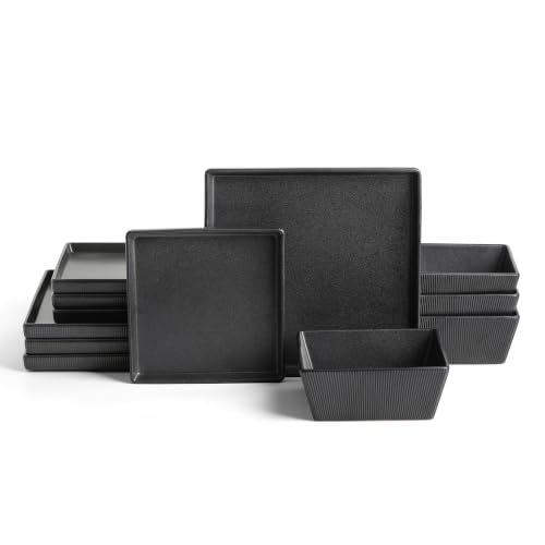 Image of Stone Lain Grace 12-Piece Dinnerware Set Stoneware, Plates and Bowls Set, Dishwasher and Microwave Safe, Dish Set for 4, Charcoal