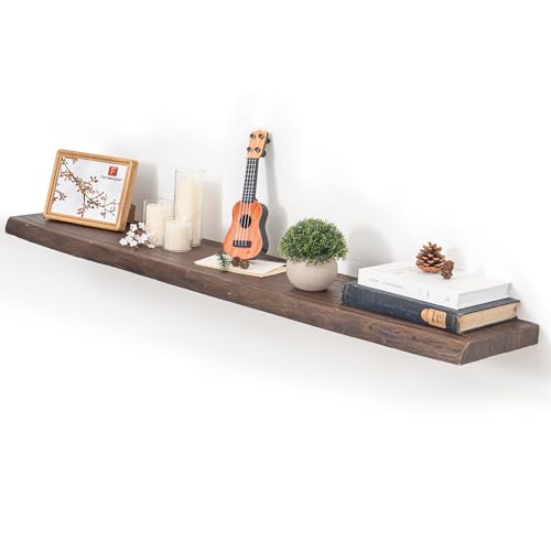 Image of Floating Shelves for Wall, 48 inchx9.3 inch Rustic Solid Live-Edge Elm Wood Wall Shelves, Heavy-Duty Floating Shelves with Invisible Brackets, Set of 1 for Living Room, Bedroom, and Kitchen, Walnut Finish