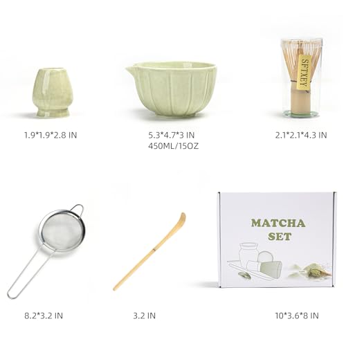 Matcha Whisk Set, Matcha Set Includes Ceramic Matcha Bowl, Bamboo Whisk, Scoop, Chasen Holder, Sifter, 5 Pcs Perfect Matcha Kit for Macha Lover (Mottled Green)