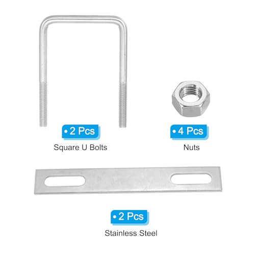 Image of PATIKIL M10x75x120mm Square U-Bolts Kit, 2Set 304 Stainless Steel Square U Shaped Bolts Replacement Parts with Frame Plates and Nuts for Ski Board Sailboat Trailer