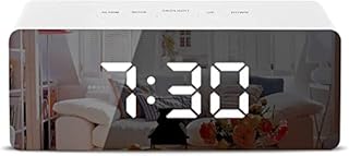 FXDM Digital Mirror Alarm, LED Bedside Clock with Temperature, Snooze, voice Control Makeup Mirror Adjustable Brightness LED Clock, White