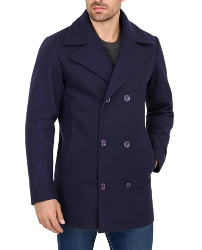 LP-FACON Mens Winter Navy Blue Wool Peacoat - Double Breasted Wool
