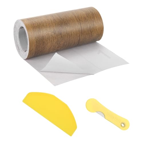 Image of uxcell 1 Roll Wood Grain Tape, 5.91 inch x33 Ft Realistic Textured Repair Tape Self Adhesive Wood Textured Patch with Tool for Floor Wall Door Table Cabinets Furniture Home Decor(Coffee Color)