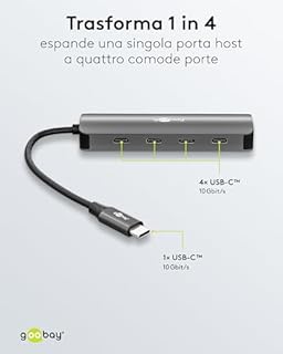 goobay Hub USB-C 10 Gbit/s, hub dati USB 3.2 Gen 2 con 4 porte USB-C, adattatore SuperSpeed+ in alluminio per MacBook, laptop, SSD NVMe e altro ancora – 76565