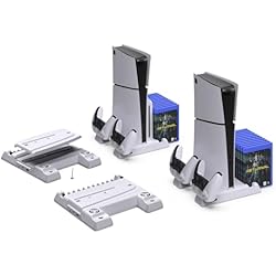 Ventilador Pared Control Remoto Soporte con Estación de Enfriamiento y Estación de Carga de Doble Controlador Consola para PS5 Slim, Soporte de Enfriamiento Muelle de Carga con Estante de Almacenamiento de Discos