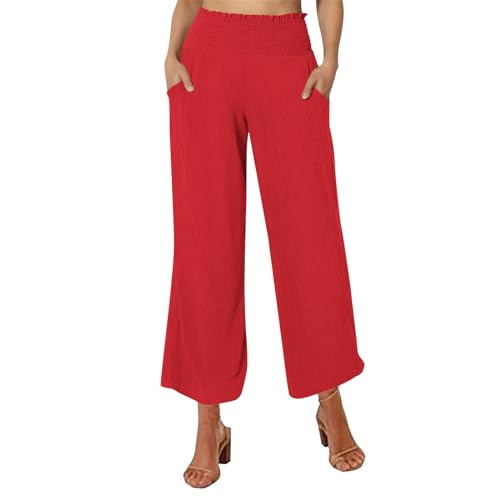 Capri Pants for Women Casual Loose Fit Summer Elastic High Waist Trousers Cotton Linen Pants Wide Leg Lounge Capris