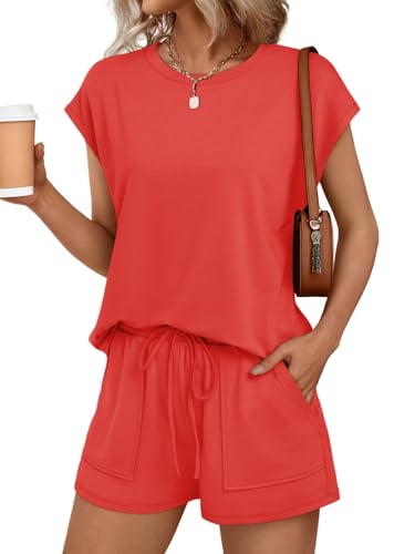 Image of AUTOMET Womens Crew Neck Two Piece Short Sets Cap Sleeve Drawstring Summer Sweatsuit with Pocket