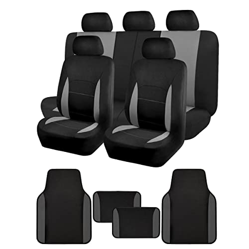 Flying Banner Combo Set Fabric Car Seat Covers Full Set with Non-Slip Car Floor Mats Universal for Most Car Truck Vans SUVs (Grey)