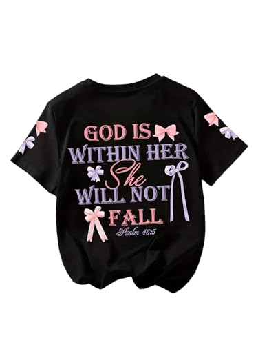 Girl's Cute Bow Letter Graphic Tees Short Sleeve Casual T-Shirts Crew Neck Summer Tops