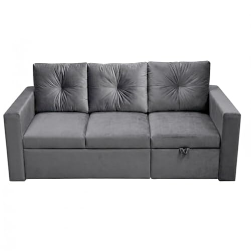 Image of FURNY Tira 4 Seater RHS Lounger Sofa Cum Bed (Dark Gray) with Pull-Out Function | Luxury Velvet Suede Finish | Durable Comfort | Ideal for Living Room