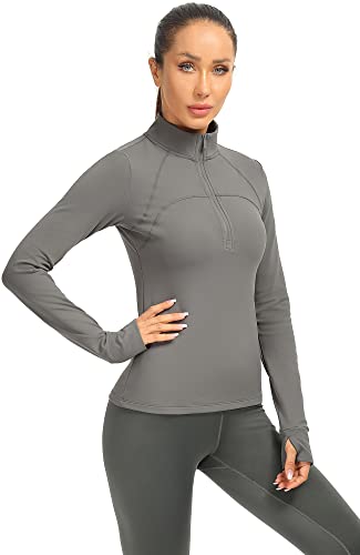Icyzone Fleece Lined Half Zip Pullover For Women With Thumb Holes, Athletic Workout Warm Jackets, Fitted Long Sleeve Yoga Crop Tops (Charcoal, M) #TOP1