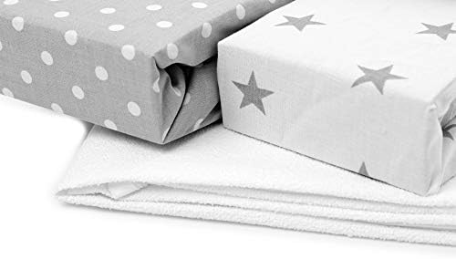 Peek-A-Boo Chicco Next2Me Crib Fitted Sheets, 3 Pcs Set 83x50cm, Lullago, GRACO, Snuzpod etc. 2x Sheets + 1x Waterproof Mattress Protector, 100% Oeko-Tex Cotton, White Polka Dots and Grey Stars