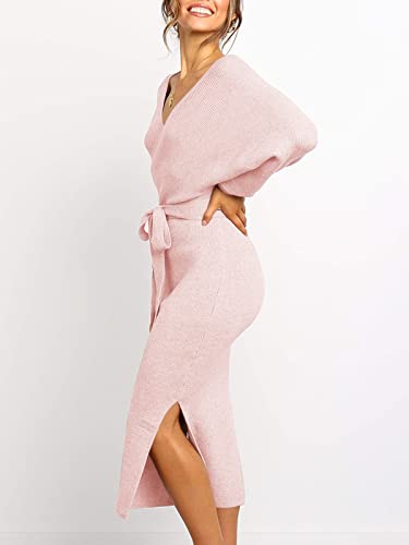 Image of Chang Yun Women's Long Maxi Sweater Dresses Sexy Wrap Batwing V Neck Slit Open Back Holiday Bodycon Dress with Belt