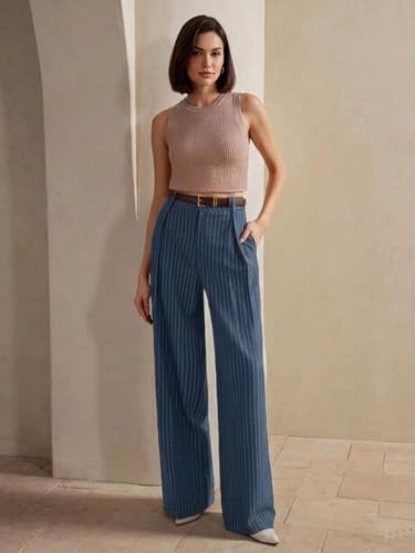Image of KOTTY Women's Tailored Wide Leg Pinstripe Pants - High Waisted Straight Fit Work Trousers with Pockets, Elegant Office & Business Casual Wear