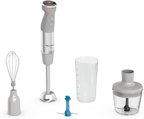 Moulinex Batidora de mano Quickchef+, cuchillas con tecnología Powelix, modo silencioso, 20 velocidades, modo turbo, antisalpicaduras, picadora, varillas, cuchillas para hielo picado, DD673B10