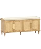 Akxomel Natural Rattan Shoe Storage Bench with Cushion, Entryway Shoe Cabinet Bench with 2 Doors, 15'D x 47.2'W x 20'H, Wooden Shoe Organizer, Adjustable Shelf, Solid Wood Legs, for Hallway, Bedroom